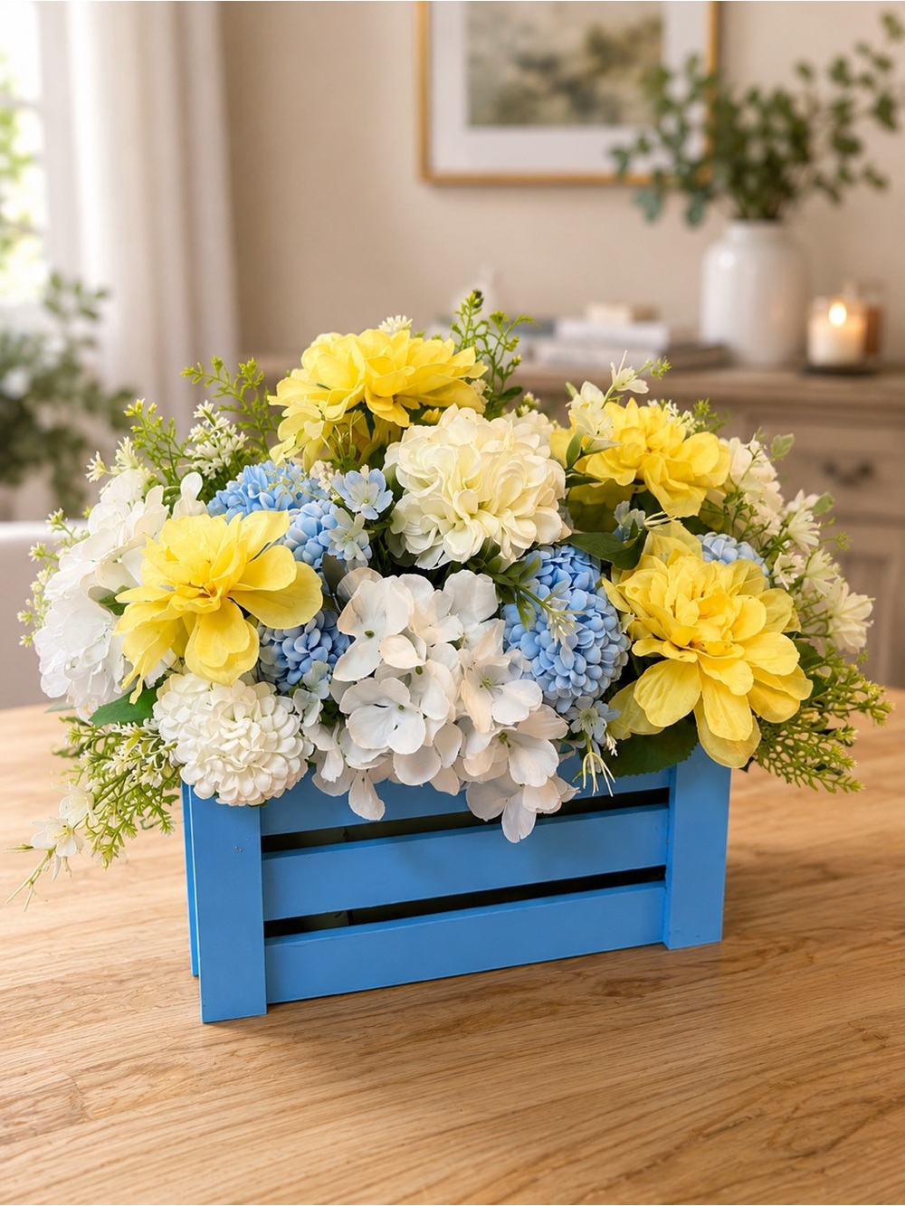 Blue Crate Floral Arrangement with Yellow & White Flowers